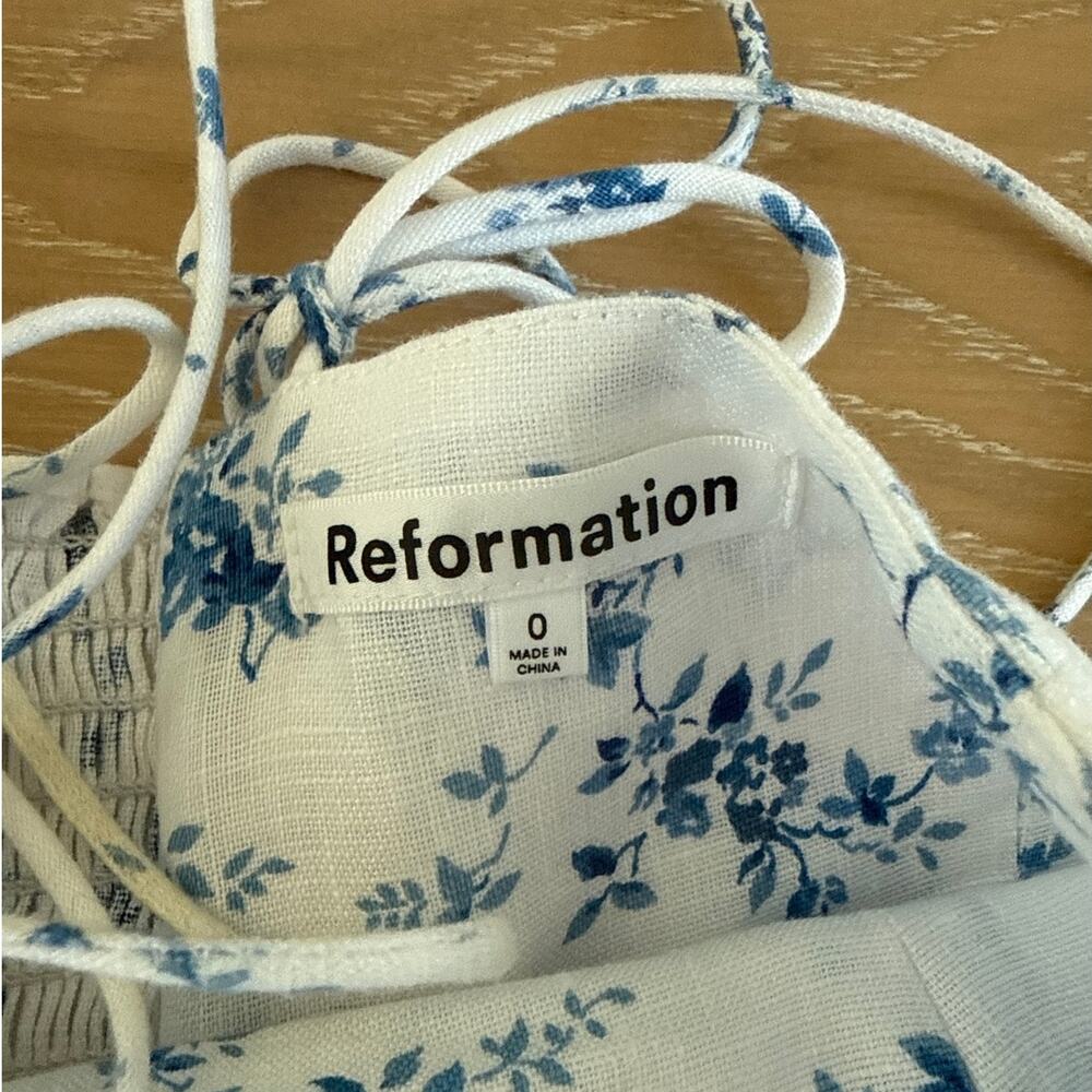 Reformation Midi Dress Floral Linen Christen Size 0 White Blue - Picture 3 of 4